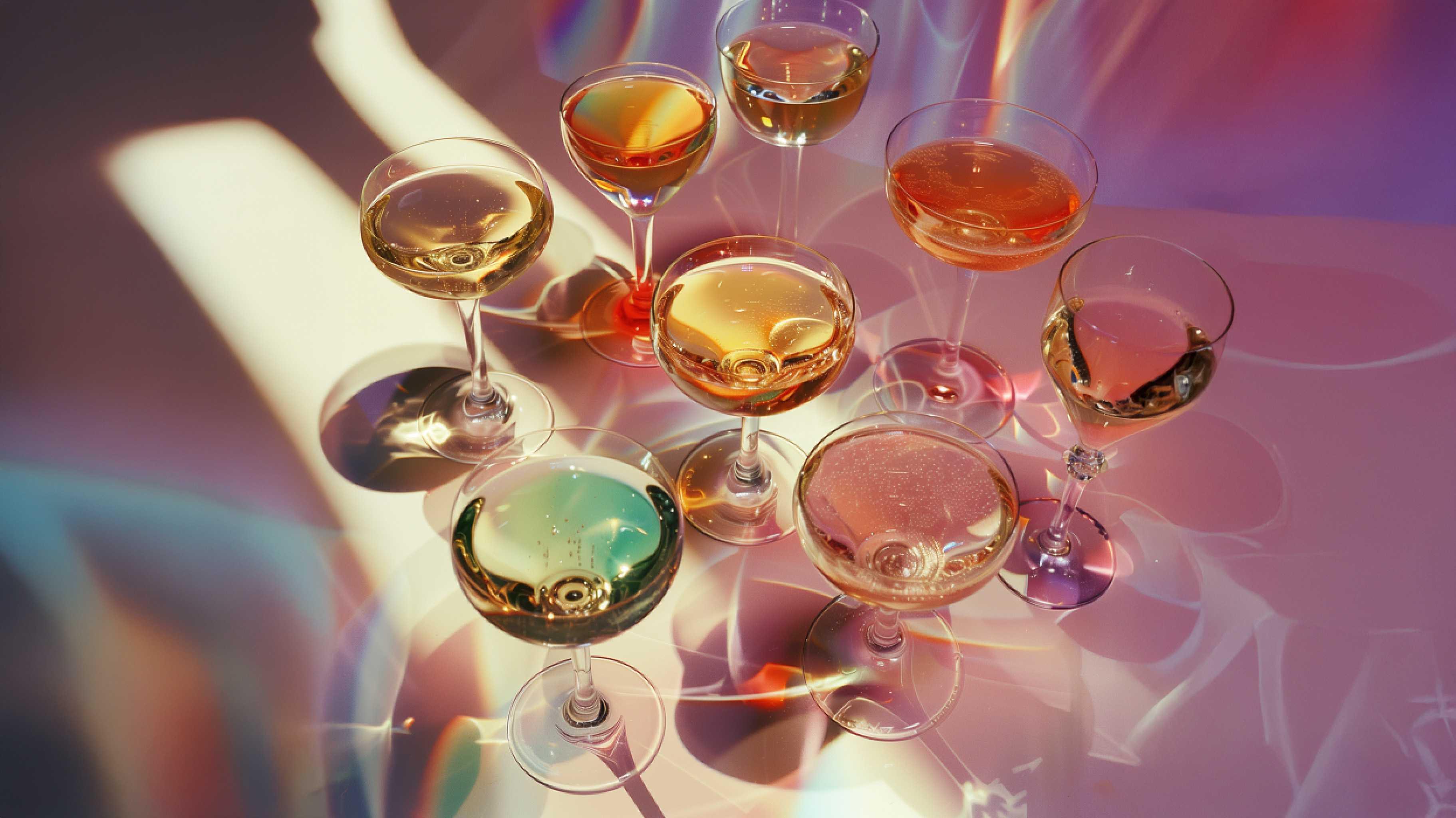 Assorted sparkling drinks in elegant stemware on a pastel table with colorful light reflections.