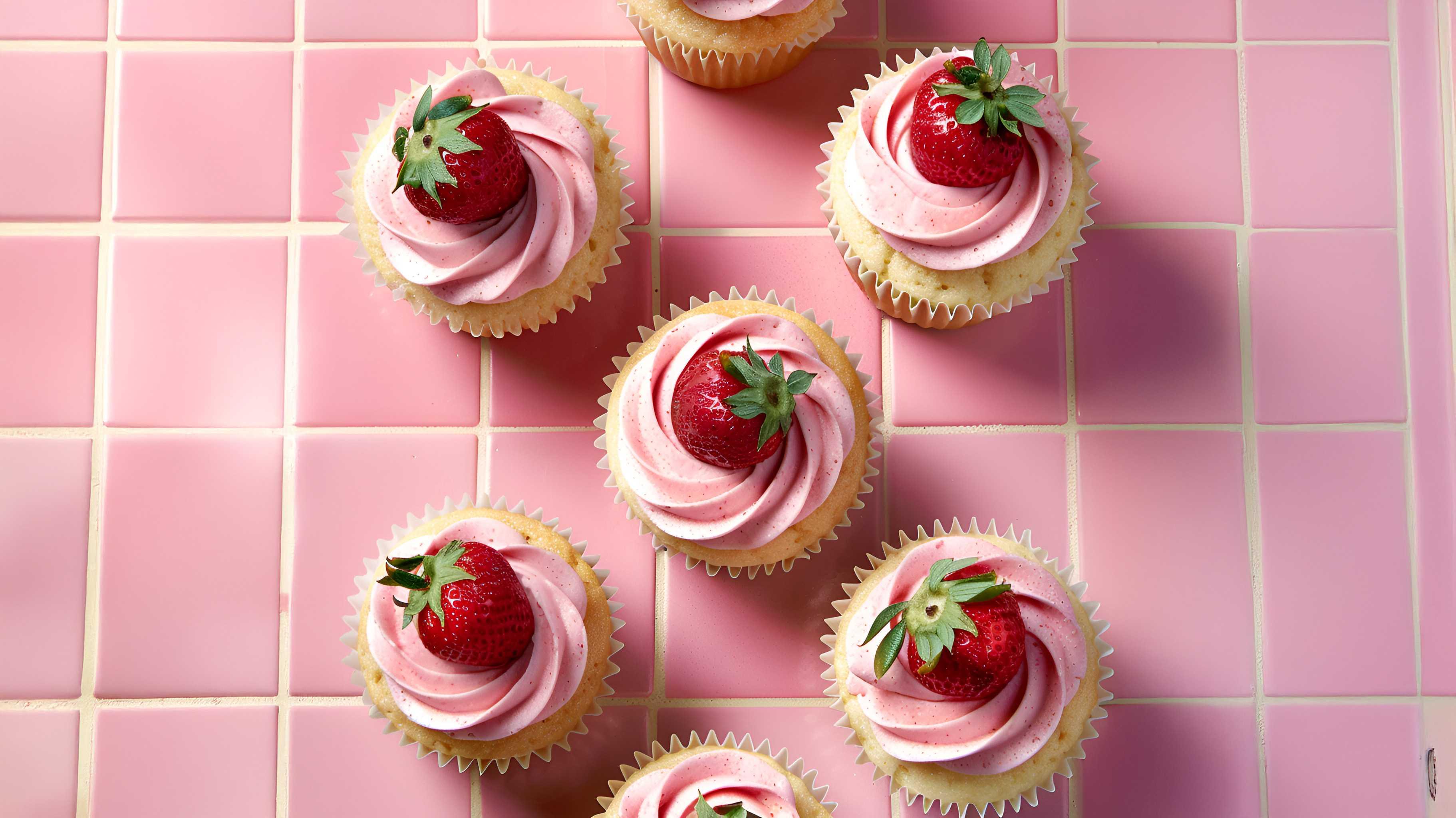 Strawberry cupcakes with pink frosting on pink tiled surface, dessert and bakery concept
