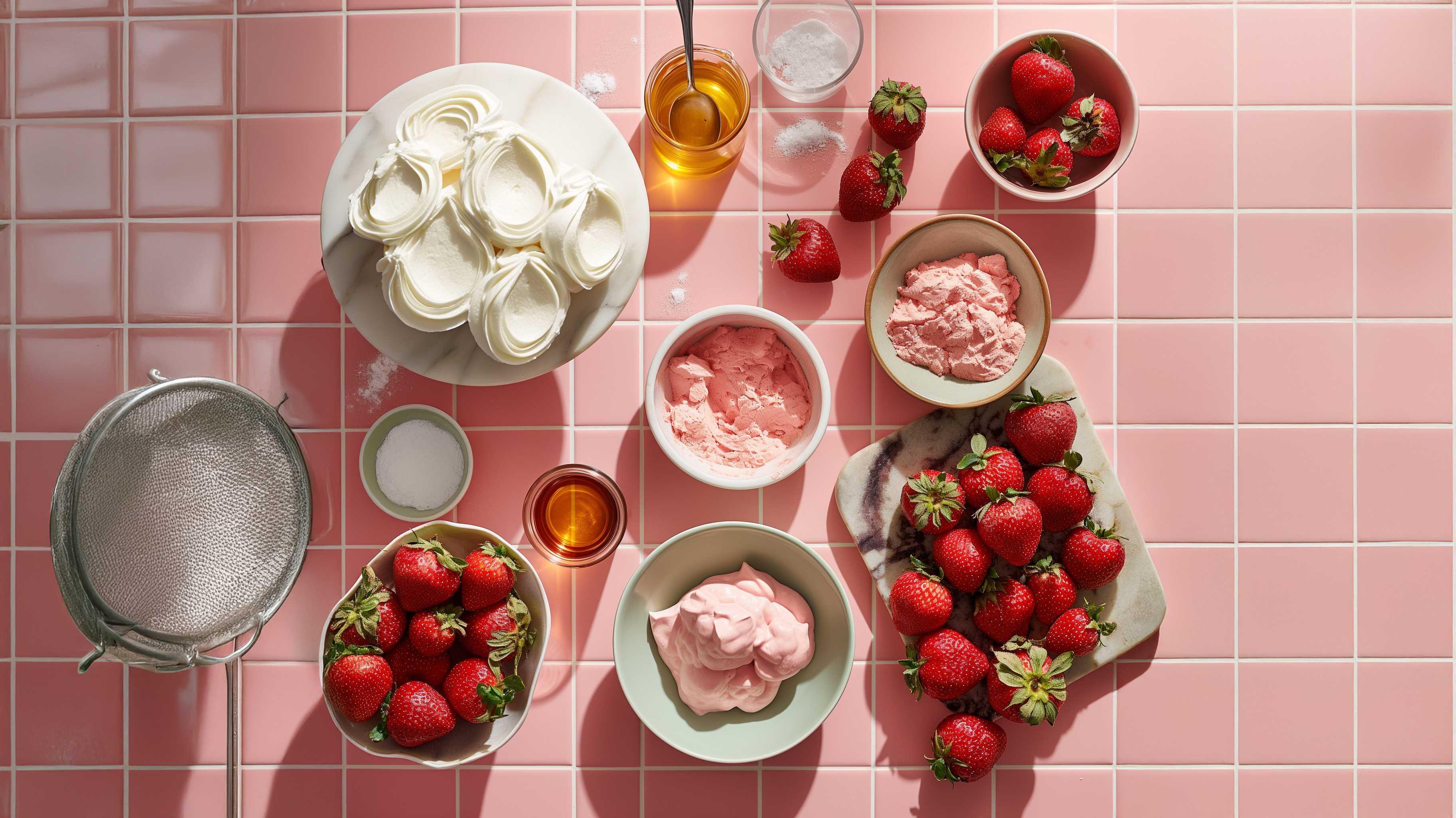 Fresh strawberries, meringue nests, pink whipped cream, and honey on pink tile background.